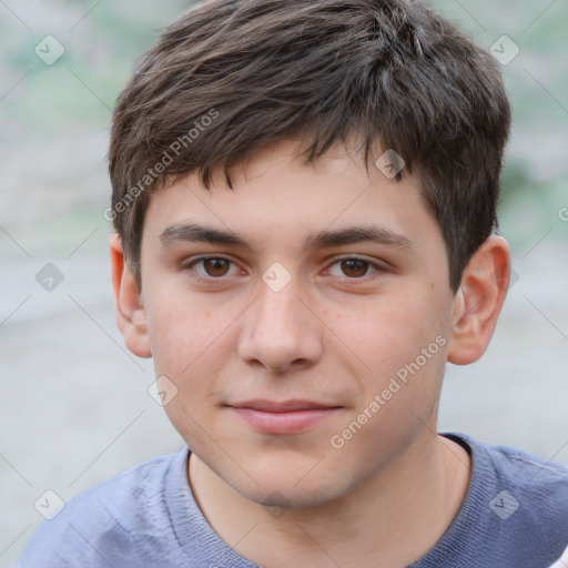 Joyful white child male with short  brown hair and brown eyes