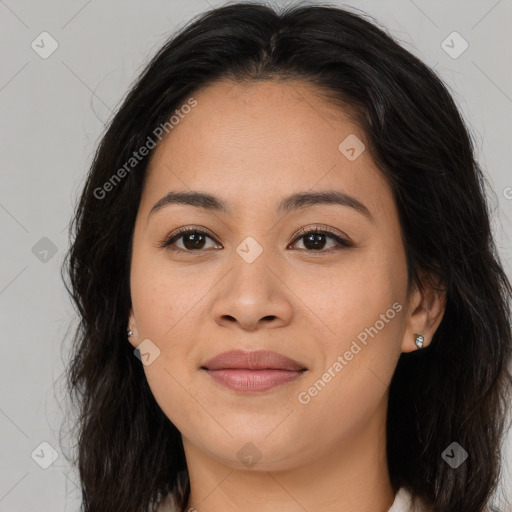 Joyful asian young-adult female with long  brown hair and brown eyes