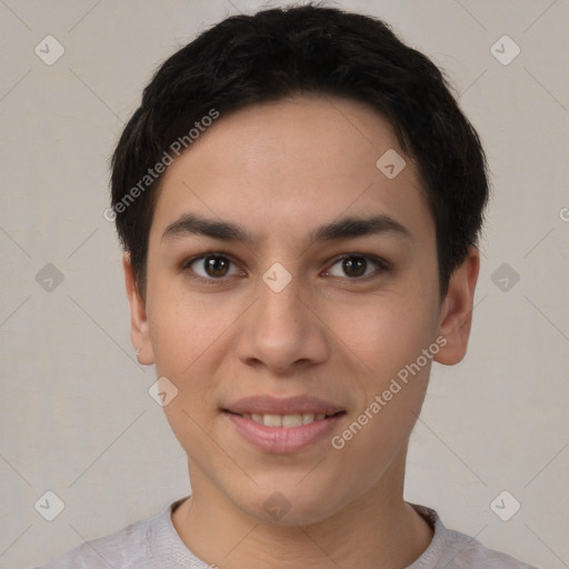 Joyful white young-adult female with short  brown hair and brown eyes