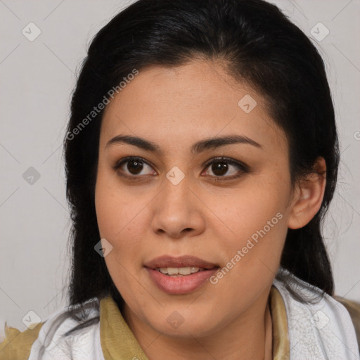 Joyful latino young-adult female with medium  brown hair and brown eyes