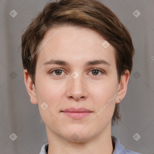 Joyful white young-adult female with short  brown hair and brown eyes