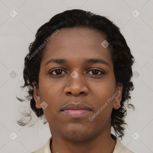 Neutral black young-adult female with short  brown hair and brown eyes