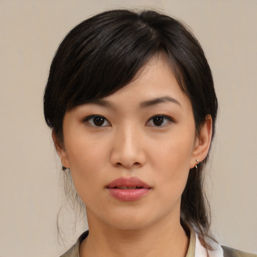 Neutral asian young-adult female with medium  black hair and brown eyes
