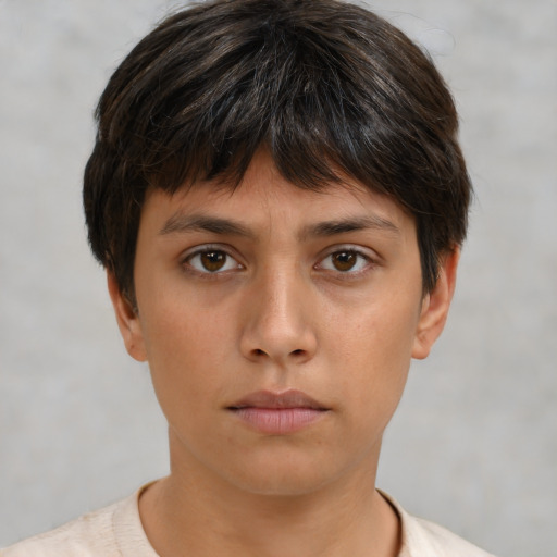 Neutral asian young-adult female with short  brown hair and brown eyes