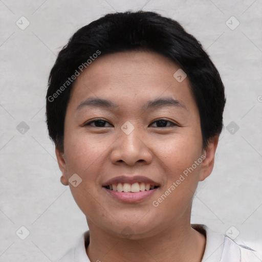 Joyful asian young-adult female with short  black hair and brown eyes