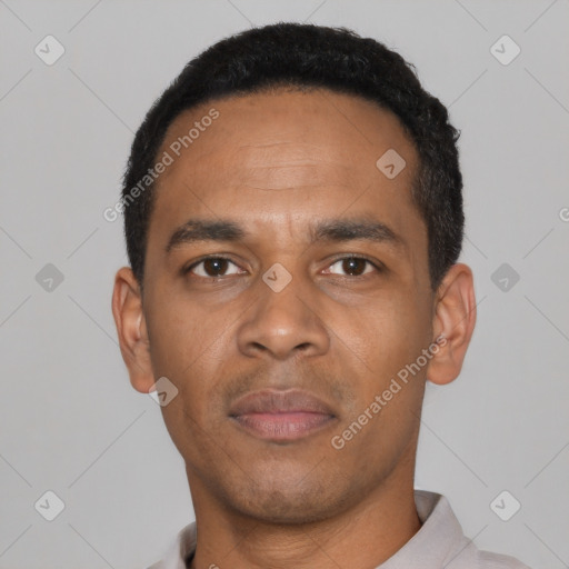 Neutral black young-adult male with short  black hair and brown eyes