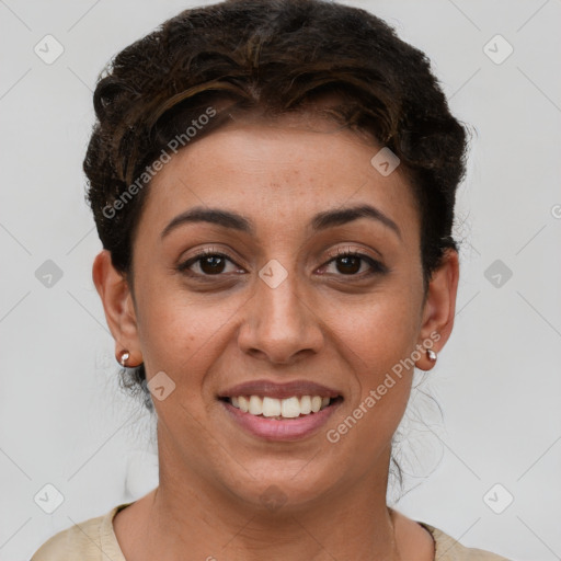 Joyful white young-adult female with short  brown hair and brown eyes