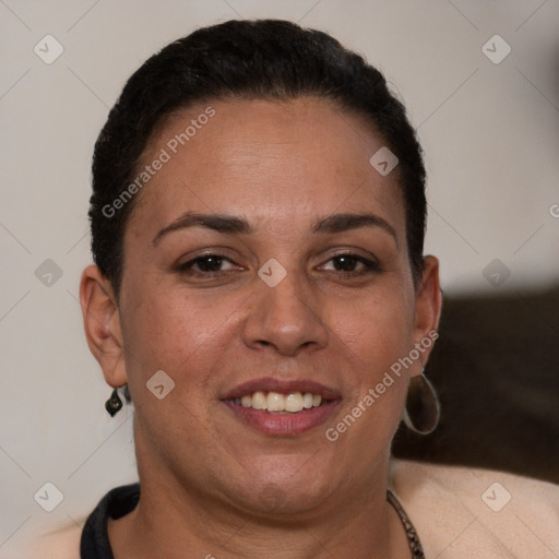 Joyful white adult female with short  brown hair and brown eyes