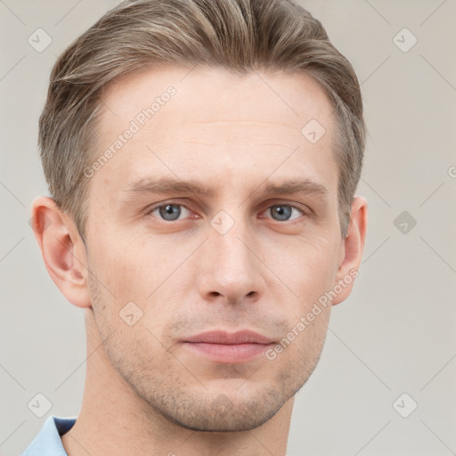 Neutral white young-adult male with short  brown hair and grey eyes