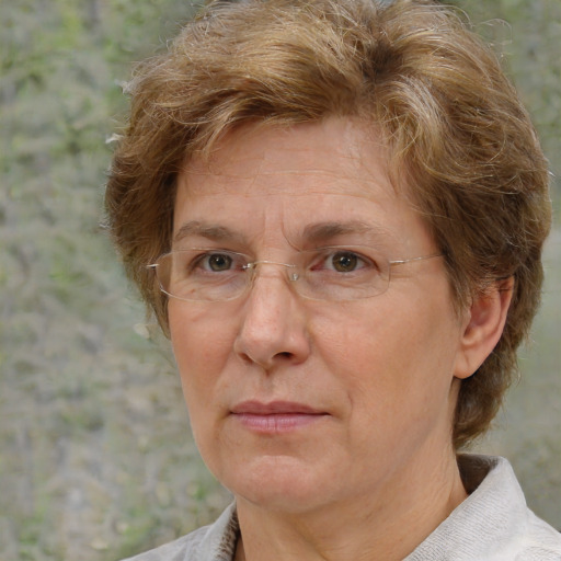 Neutral white middle-aged female with short  brown hair and brown eyes