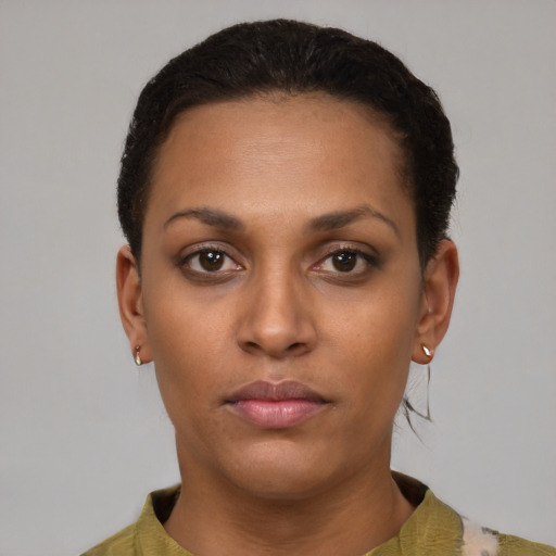 Neutral latino young-adult female with short  brown hair and brown eyes