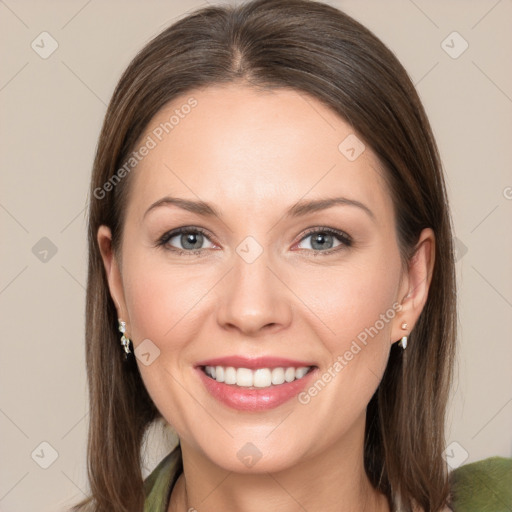 Joyful white young-adult female with medium  brown hair and grey eyes