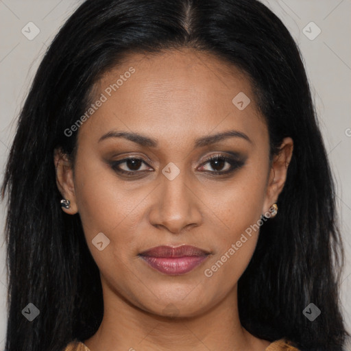 Joyful latino young-adult female with long  brown hair and brown eyes