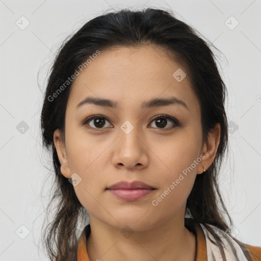 Neutral latino young-adult female with medium  brown hair and brown eyes