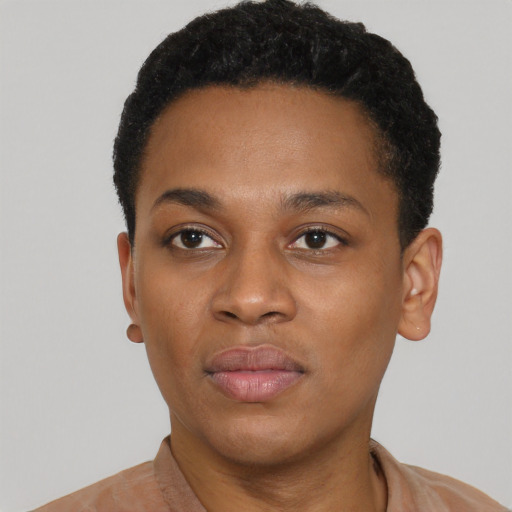 Neutral latino young-adult female with short  black hair and brown eyes