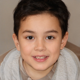 Joyful white child female with short  brown hair and brown eyes