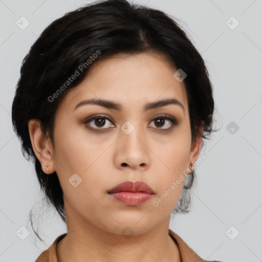 Neutral asian young-adult female with medium  black hair and brown eyes