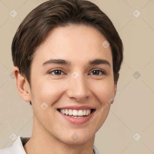 Joyful white young-adult female with short  brown hair and brown eyes