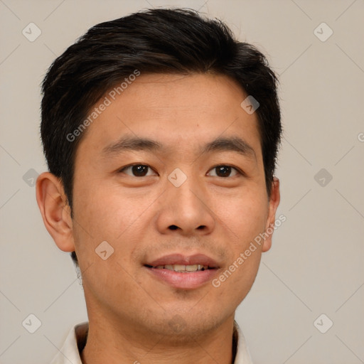 Joyful white young-adult male with short  brown hair and brown eyes