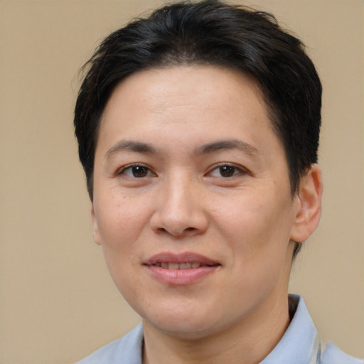 Joyful white adult female with short  brown hair and brown eyes