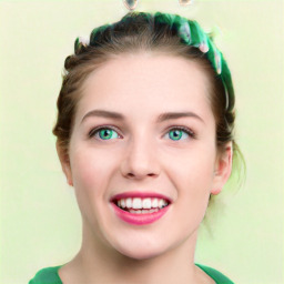 Joyful white young-adult female with medium  brown hair and green eyes