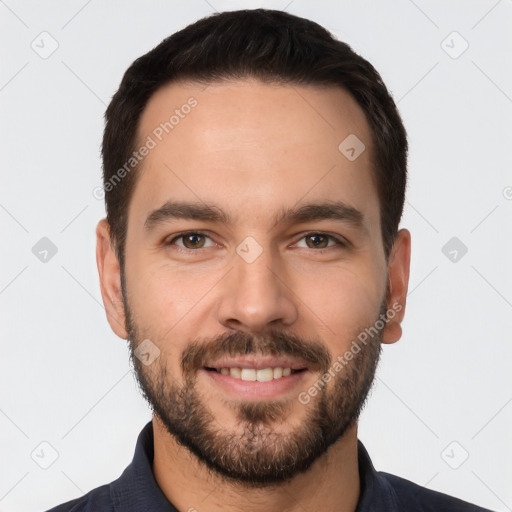 Joyful white young-adult male with short  black hair and brown eyes