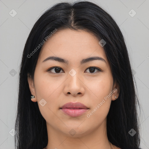 Joyful asian young-adult female with long  brown hair and brown eyes