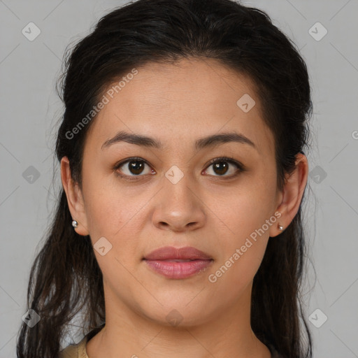 Joyful latino young-adult female with medium  brown hair and brown eyes