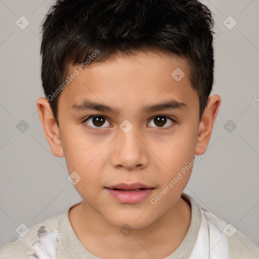 Joyful white child male with short  brown hair and brown eyes