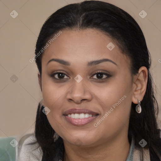 Joyful latino young-adult female with long  brown hair and brown eyes