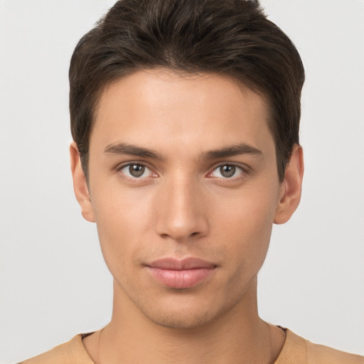 Neutral white young-adult male with short  brown hair and brown eyes