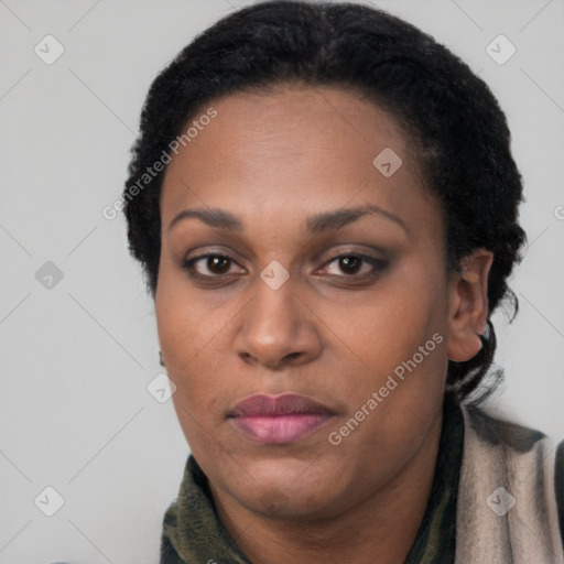 Joyful black young-adult female with long  black hair and brown eyes