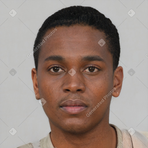 Neutral black young-adult male with short  black hair and brown eyes