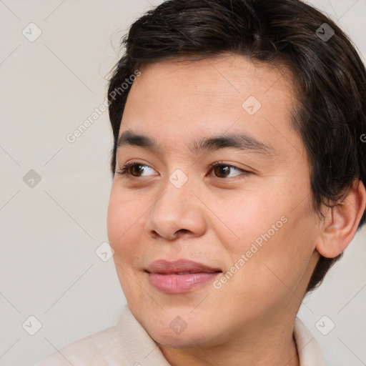 Joyful white young-adult male with medium  brown hair and brown eyes