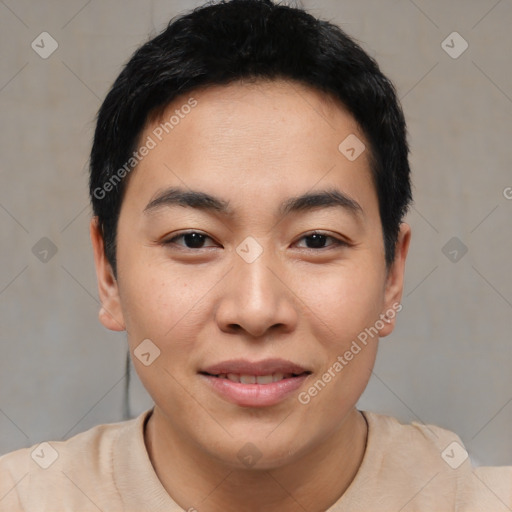 Joyful asian young-adult male with short  black hair and brown eyes