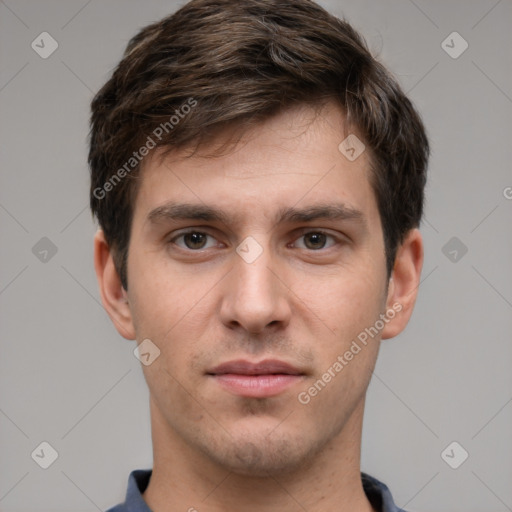 Neutral white young-adult male with short  brown hair and grey eyes