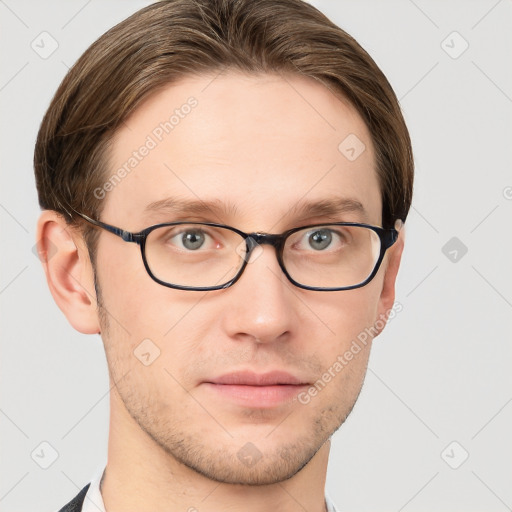 Neutral white young-adult male with short  brown hair and grey eyes