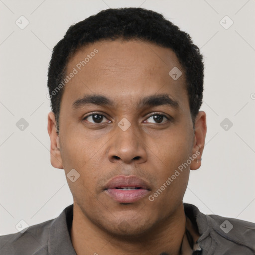Neutral latino young-adult male with short  black hair and brown eyes