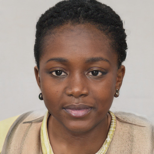Neutral black young-adult female with short  black hair and brown eyes