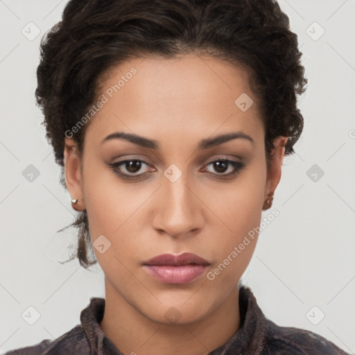 Neutral white young-adult female with short  brown hair and brown eyes