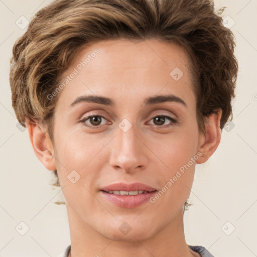 Joyful white young-adult female with short  brown hair and grey eyes