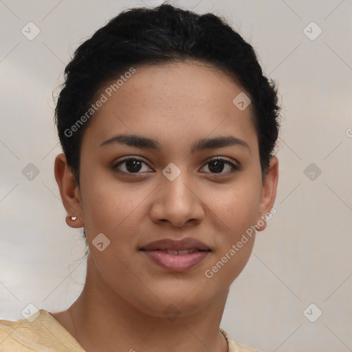 Joyful latino young-adult female with short  brown hair and brown eyes