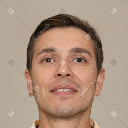 Neutral white adult male with short  brown hair and brown eyes