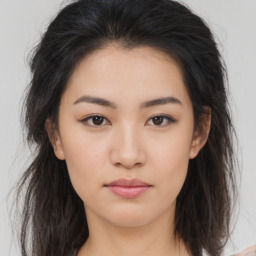 Neutral asian young-adult female with long  brown hair and brown eyes