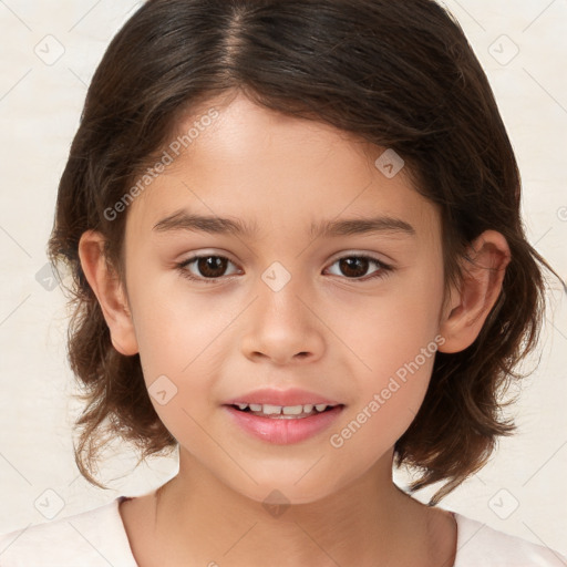 Joyful white child female with medium  brown hair and brown eyes