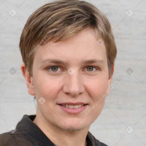 Joyful white young-adult female with short  brown hair and grey eyes