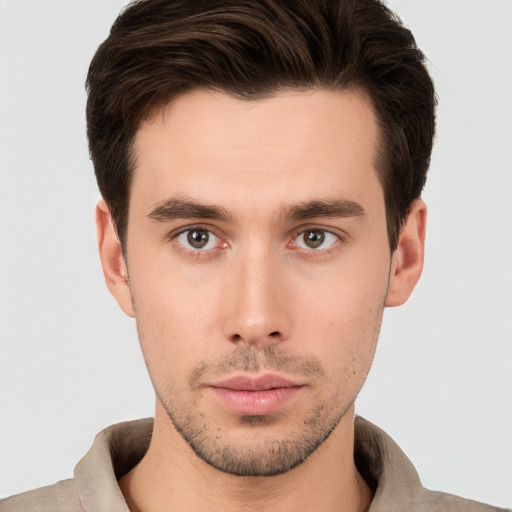 Neutral white young-adult male with short  brown hair and brown eyes