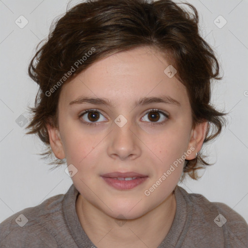 Joyful white child female with medium  brown hair and brown eyes