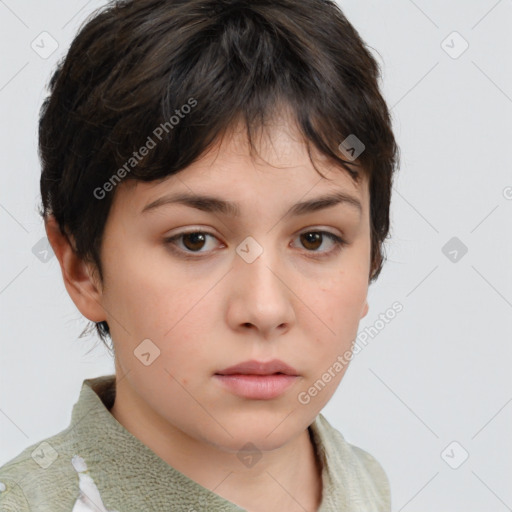 Neutral white young-adult female with short  brown hair and brown eyes