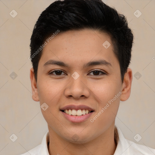 Joyful latino young-adult male with short  brown hair and brown eyes